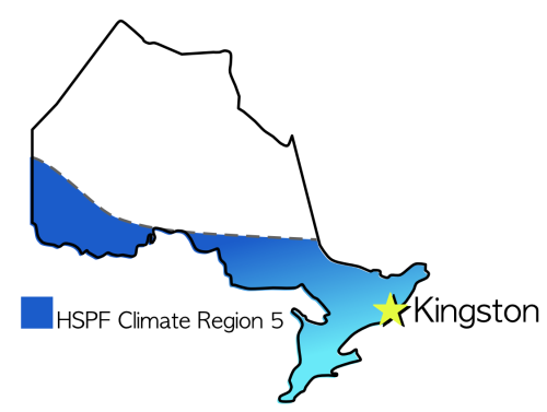 Map of Ontario showing Kingston in area marked HSPF climate region 5
