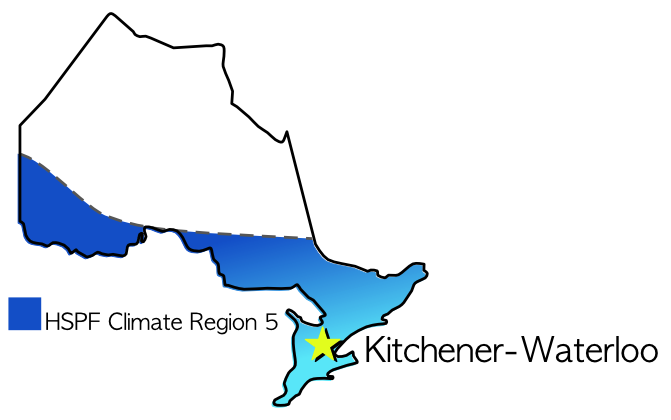 Map of Ontario showing Kitchener-Waterloo in area marked HSPF climate region 5